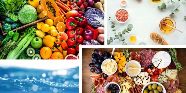 image with vegetables, meat and cheese platter, water, salts and herbs 