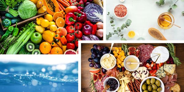 image with vegetables, meat and cheese platter, water, salts and herbs 