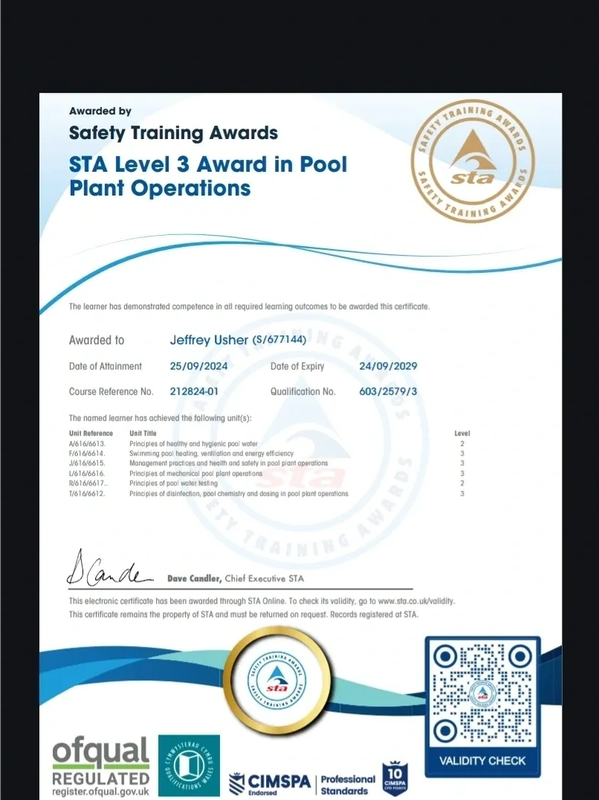 Certificate for STA Level 3 Award in Pool Plant Operations awarded to Jeffrey Usher.