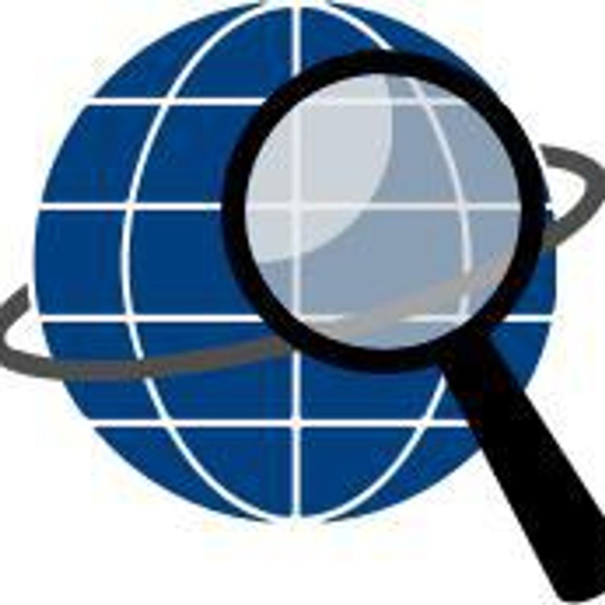 Magnifying glass zooming in on a blue globe with grid lines.