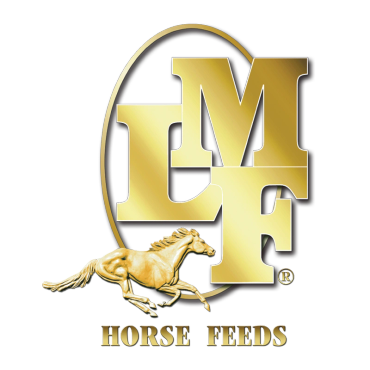 Logo for LMF Horse Feeds with a running horse image.
