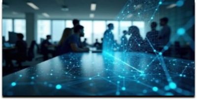 Blurred office scene with digital network overlay symbolizing connectivity.