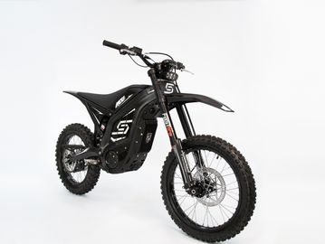 Sleek black electric dirt bike with rugged tires and modern design.