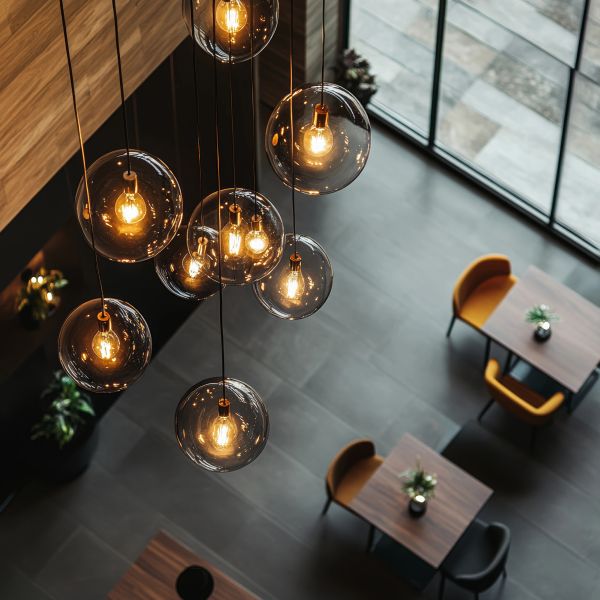 Modern hanging light bulbs above tables with chairs.