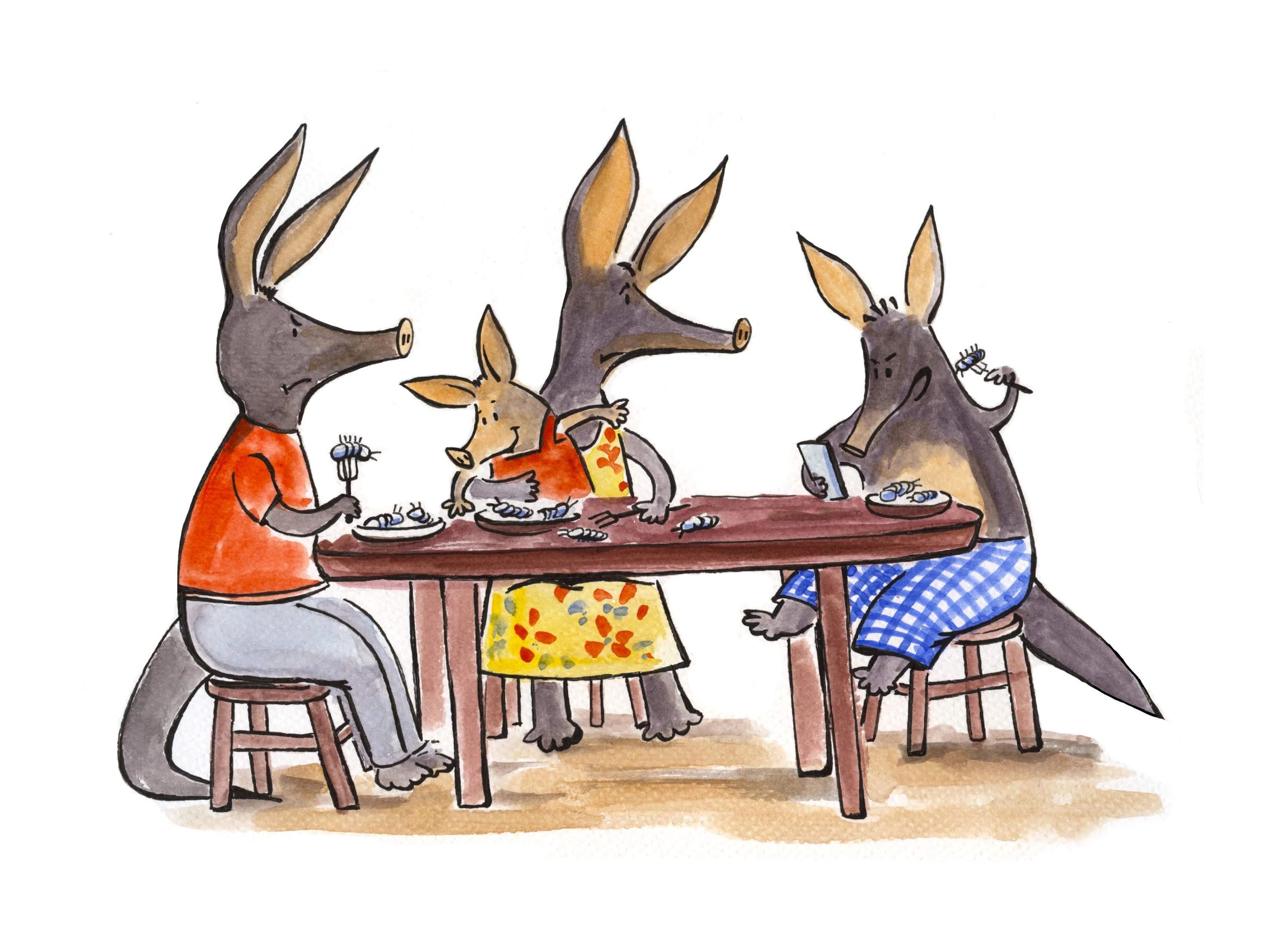 Aardvark family at dinner table. Parents visibly upset seeing their son on his cell phone. 