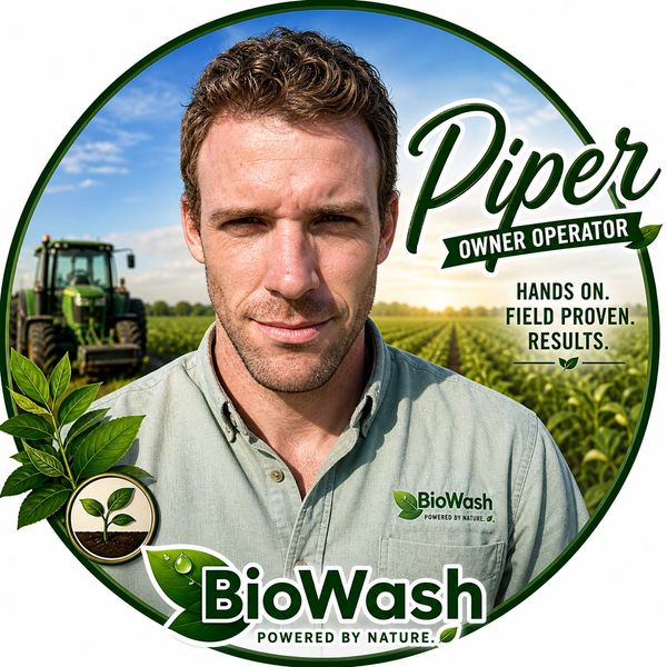 Farmer Piper stands confidently in a lush green field with a tractor behind him, promoting BioWash.