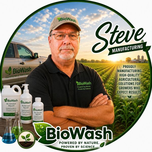 Steve from BioWash proudly stands with agricultural products and a farm backdrop.