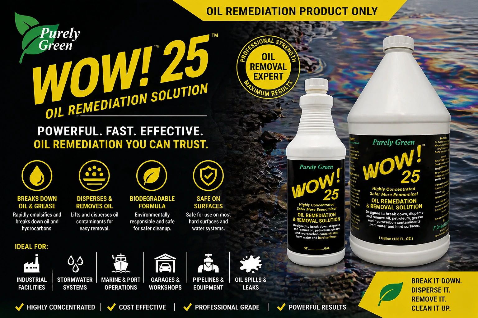 WOW! 25 Purely Green oil remediation solution for effective oil and grease removal.