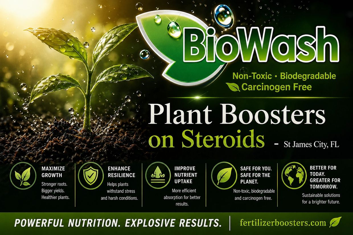BioWash plant booster enhances growth with non-toxic, biodegradable formula.