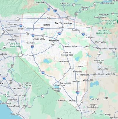 Map of Riverside area with major cities and highways.