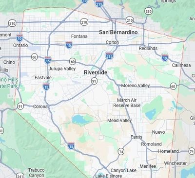 Areas we Serve Map showing Riverside and surrounding cities in California.
