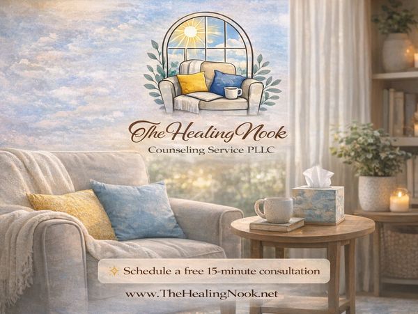 Cozy counseling space promoting The Healing Nook with free consultation offer.