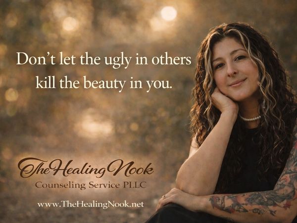 A woman with tattoos smiles beside an inspirational counseling quote.