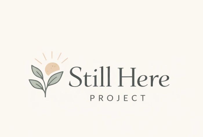Logo of Still Here Project with a sun and leaf design, introducing their mission.