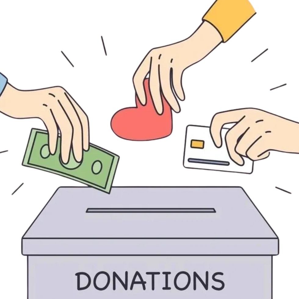 Hands placing money, a heart, and a card into a donation box.