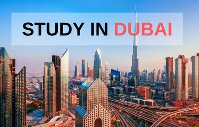 Cityscape of Dubai with the text 'STUDY IN DUBAI'.