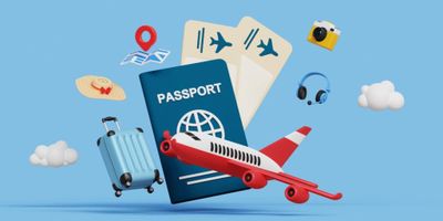 Travel essentials including passport, airplane, tickets, and luggage on a blue background.