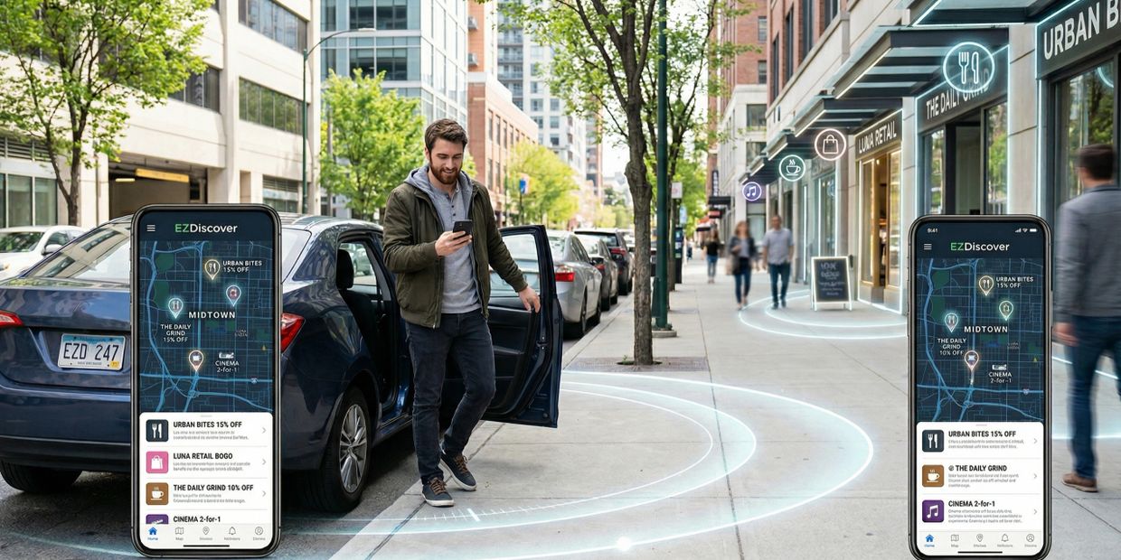 Man using a mobile app to find local deals in a city street.