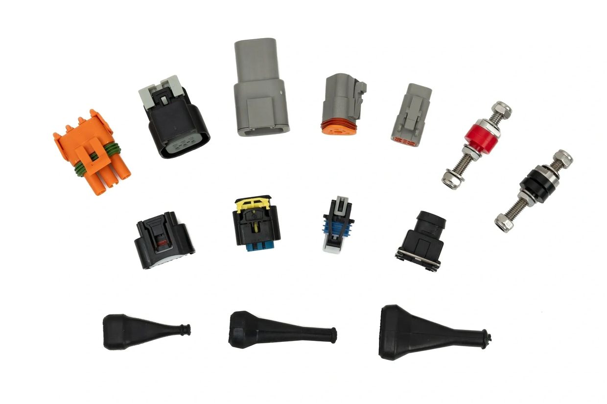 Various electrical connectors and boots arranged on a white background.