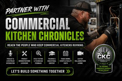 Promotional ad for Commercial Kitchen Chronicles podcast and services.