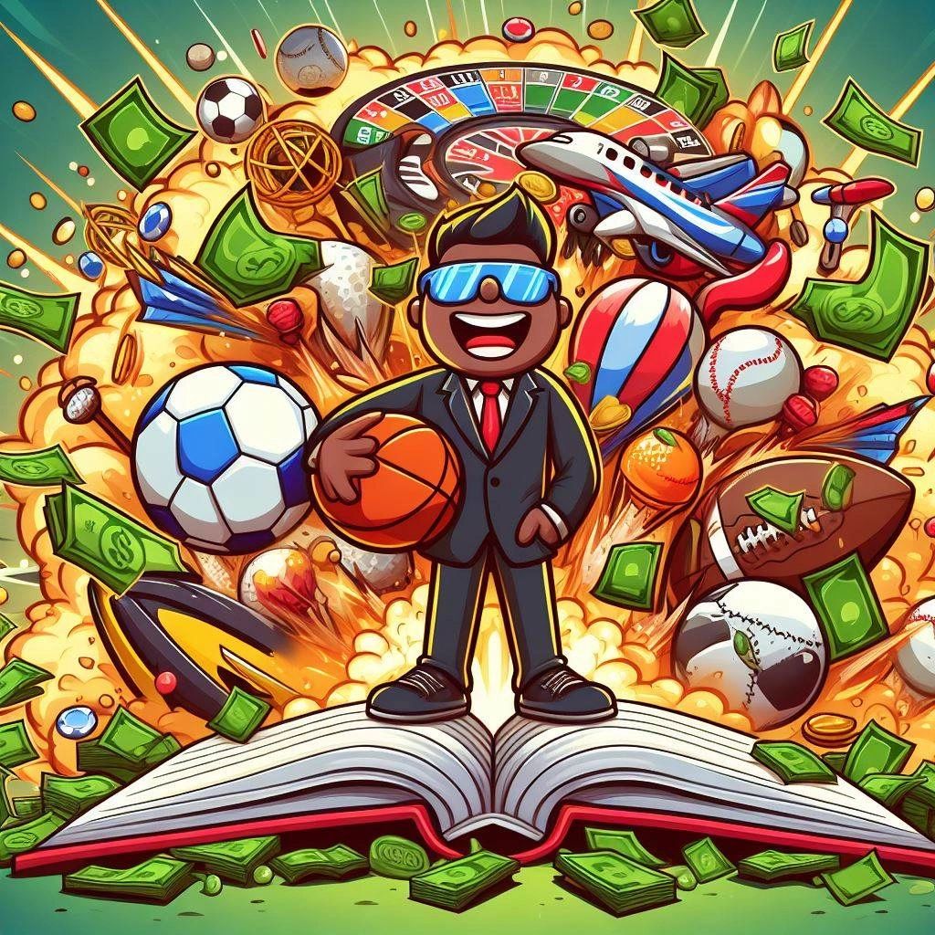 Image of guy standing on sports book surrounded by a football, soccer ball, money, planes, happy