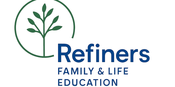 Logo of Refiners Family & Life Education with a green tree symbol and blue text.