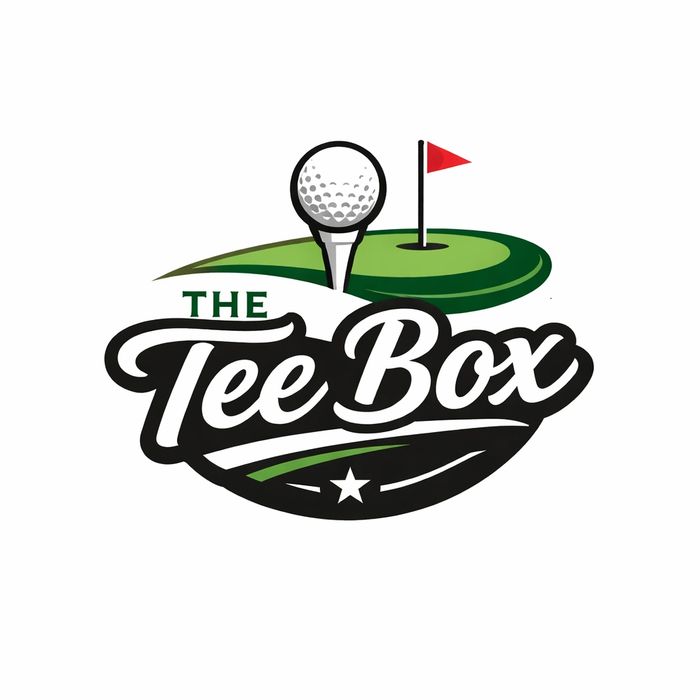Logo with a golf tee, ball, and green, reading 'The Tee Box'.