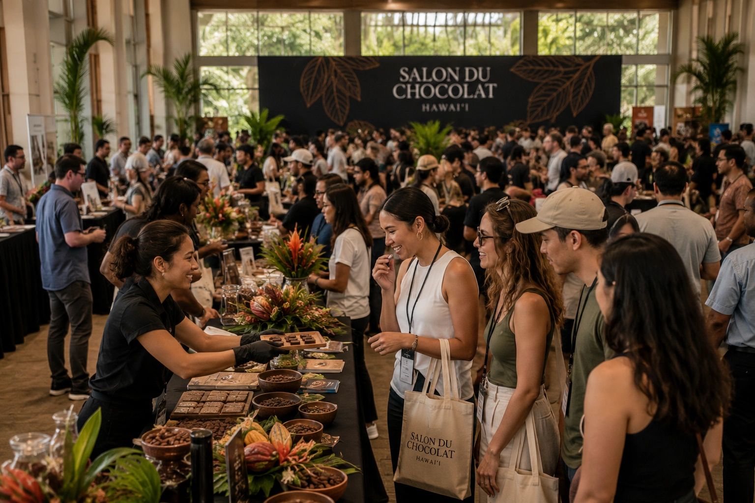 People enjoying chocolate tasting at Salon du Chocolat event in Hawaii.