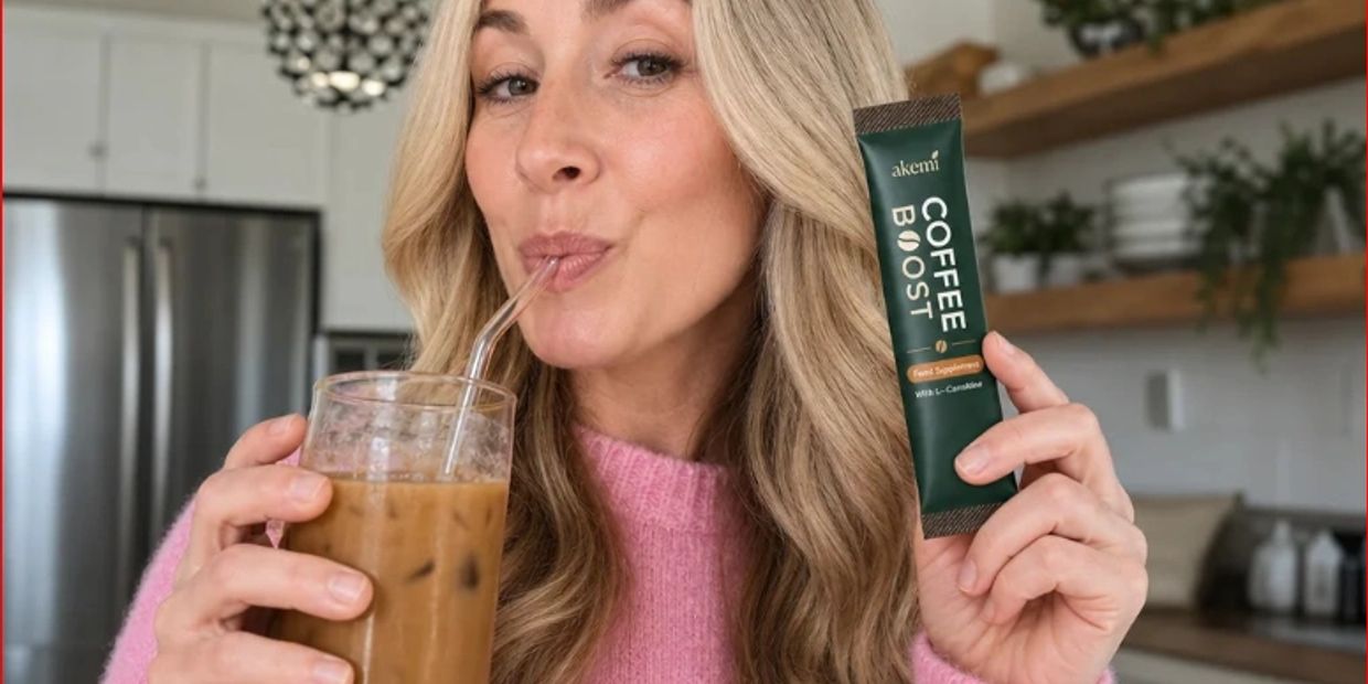 Woman in pink sweater drinking iced coffee, holding coffee boost supplement.