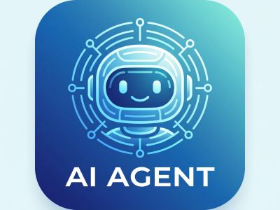 Smiling robot head with circuits and AI AGENT text.