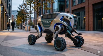 A futuristic four-wheeled robot navigating an urban street at dusk.