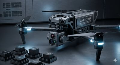 A futuristic drone with multiple cameras and sleek design on a metallic surface.