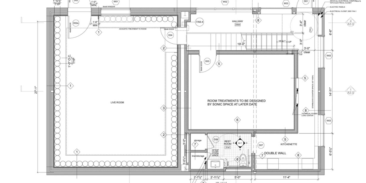 Architectural floor plan of a sound-treated live room and adjacent spaces.