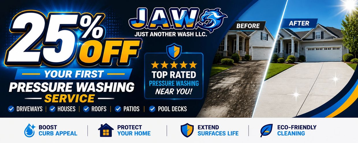 25% off pressure washing service with before and after driveway cleaning images.