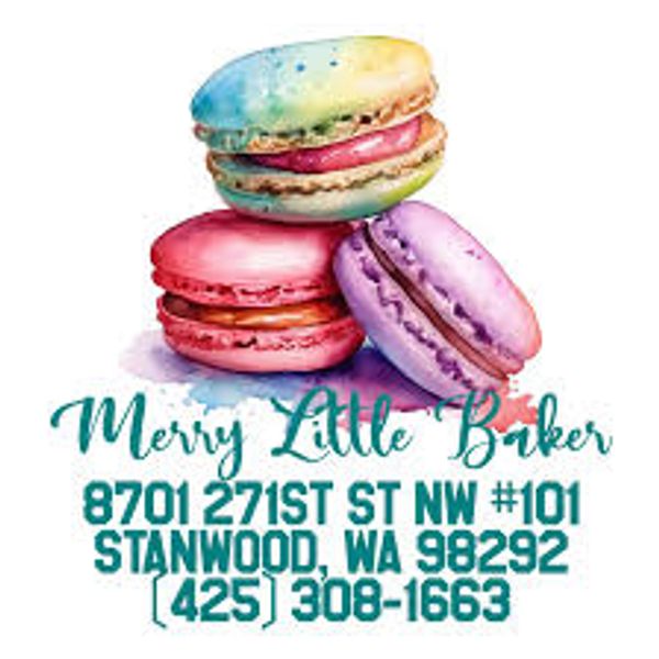 Colorful macarons with bakery contact details.