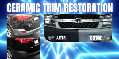 Ceramic trim restoration showing before and after results on a vehicle.