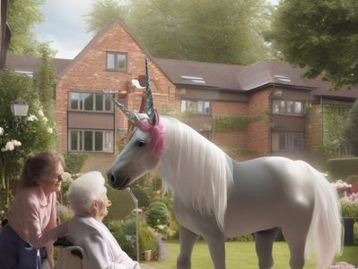 A photo of residence in a care home, enjoying the magical unicorn