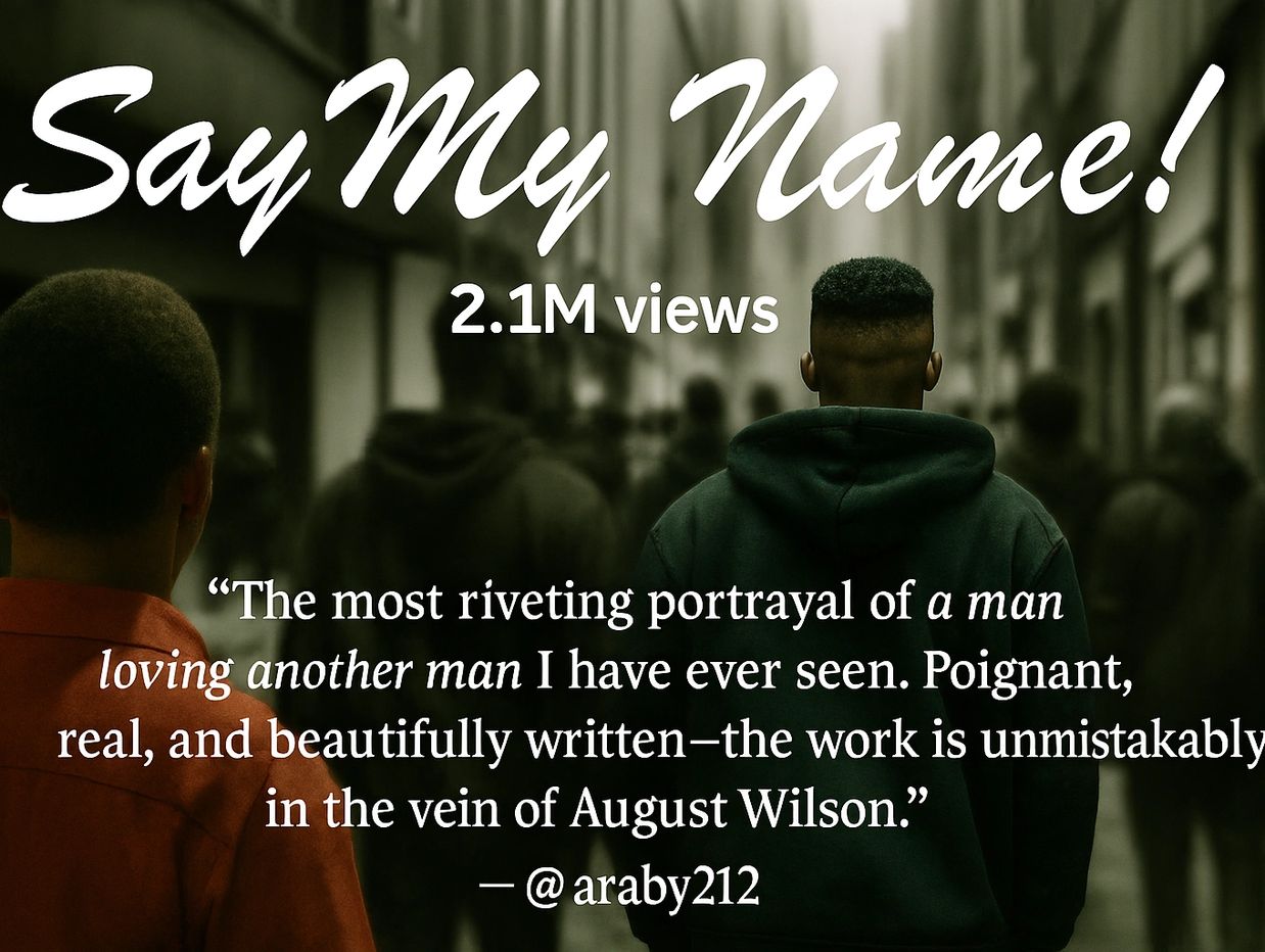 Two men in a crowd with a quote praising a portrayal of a man loving another man.