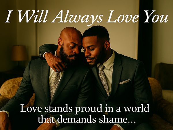 Two men in suits share a tender moment, symbolizing love and pride.