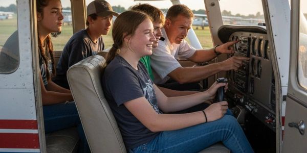 Group learning to fly in small airplane cockpit.