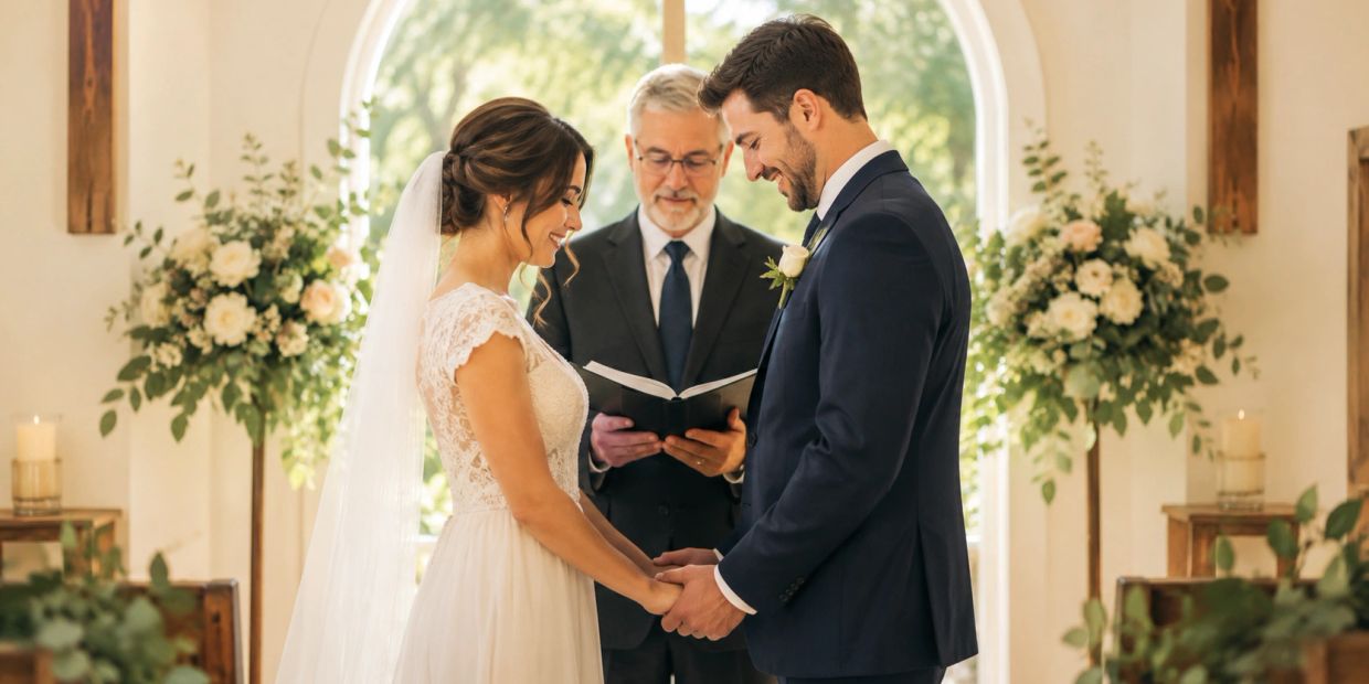 Bride and groom holding hands during wedding ceremony.