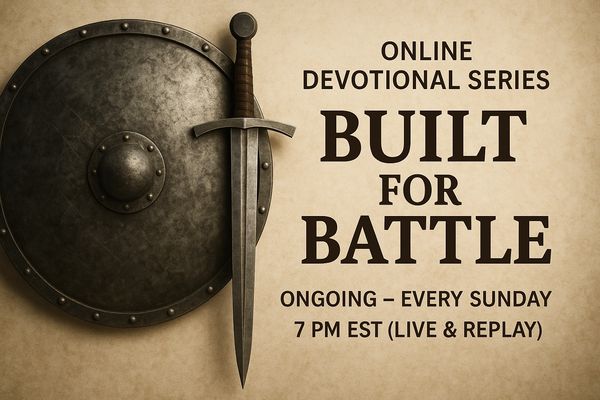 Promotional image for an online devotional series with a sword and shield.