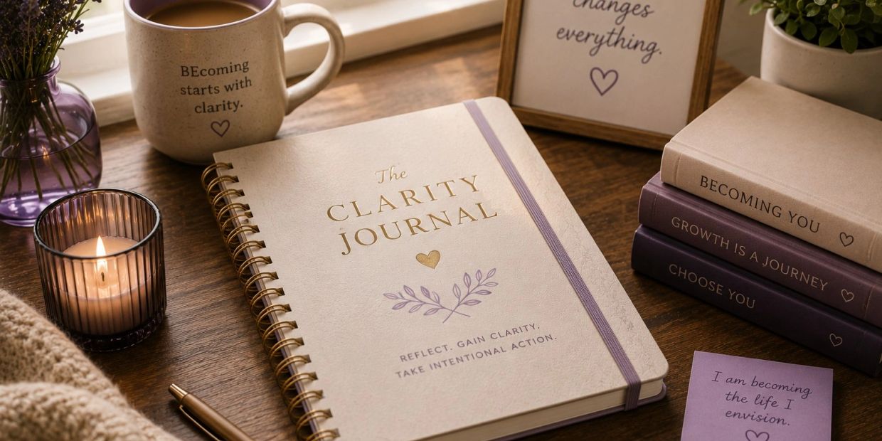 Cozy desk setup with a clarity journal, motivational books, and a candle.