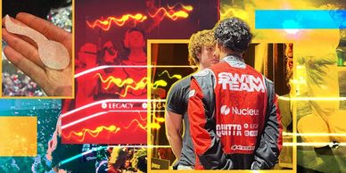 Two men face each other in a colorful, dynamic setting with neon lights and racing themes.