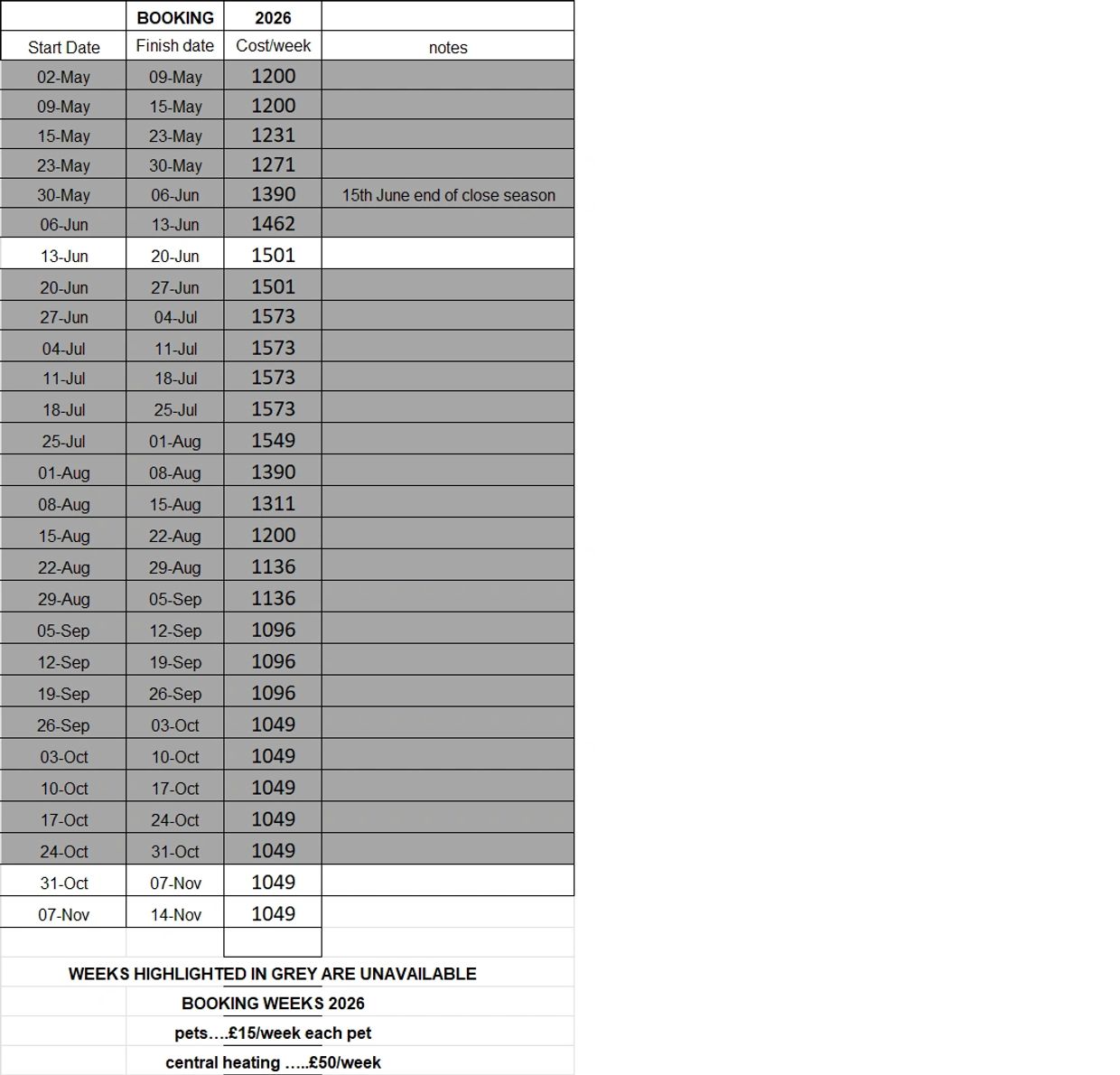 2026 booking availability and cost per week with some weeks unavailable.