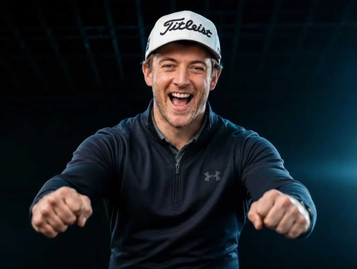 Man in a baseball cap enthusiastically posing with fists forward.
