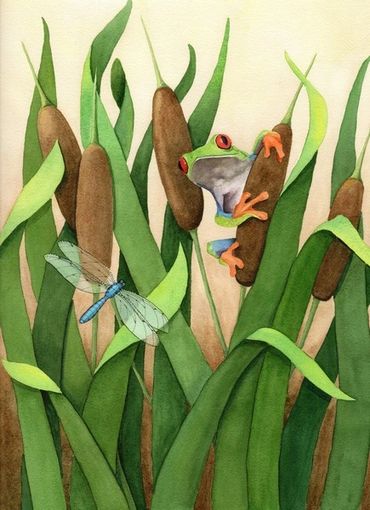Diane Pope painting-a little tree frog and blue dragonfly meet up in the cattails