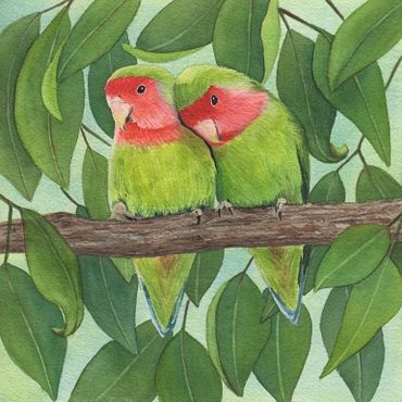 Diane Pope painting - A pair of colorful love birds cuddling on a branch with a leafy backdrop