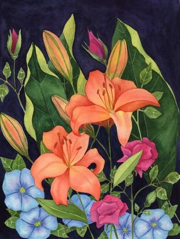 Diane Pope painting - a bouquet of orange lilies, and pink and blue flowers