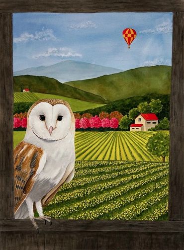Diane Pope painting: Barn owl sitting in a barn window with a view of mustards fields and vineyards 